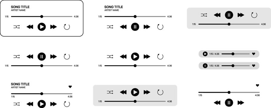 Modern audio player icon set with play button, music control symbols and multimedia interface elements editable vector bundle for app and web design