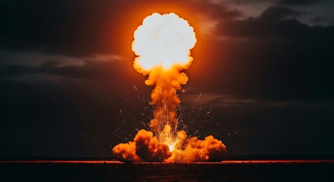 Large explosion occurs on water with fire and smoke rising high into dark cloudy sky
