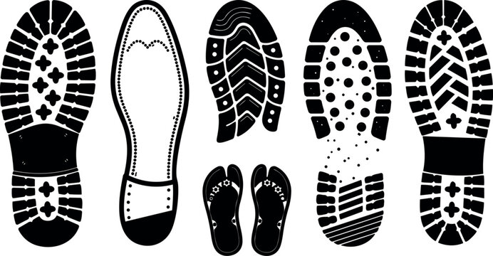 Flat design close up shoe sole silhouettes assortment top view variety of boot sneaker sandal and flip flop prints set