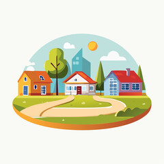 Naklejka premium Colorful suburban neighborhood illustration with modern houses, green trees, and winding paths under a bright sky, perfect for community themes