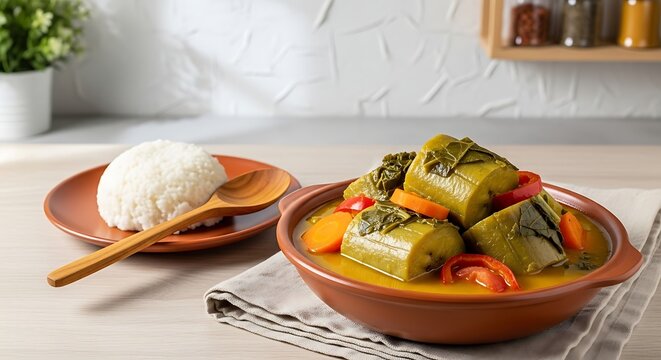 agatogo, traditional green banana (matoke) stew in large chunks, cooked with orange carrot, red bell pepper, tomato, and collard greens, in terracotta ceramic bowl. 