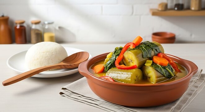 agatogo, traditional green banana (matoke) stew in large chunks, cooked with orange carrot, red bell pepper, tomato, and collard greens, in terracotta ceramic bowl. 