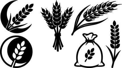 Naklejka premium Flat design close up wheat icons bundle showing stalks ears and grain bag in simple bold silhouette black isolated style