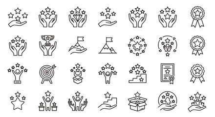 Fototapeta premium Collection of black outline icons including medals, plants, stars, and celebratory symbols for graphic resources.
