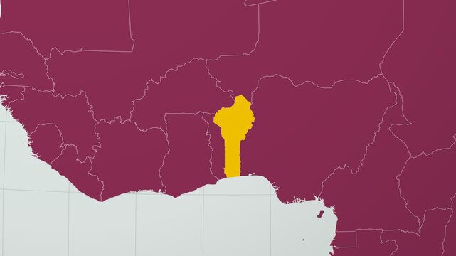 Benin map. Animated zoom into the country on the Globe in Pale Mint Dark Pink color palette. Country logo animation with round text and airplanes. Map with meridians, parallels. Trending video.