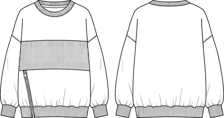 Women's fashion flat technical drawing sketch template of an oversized sweatshirt with wide rib paneling, oblique zip detail, and drop shoulders, vector illustration. © Akadosh