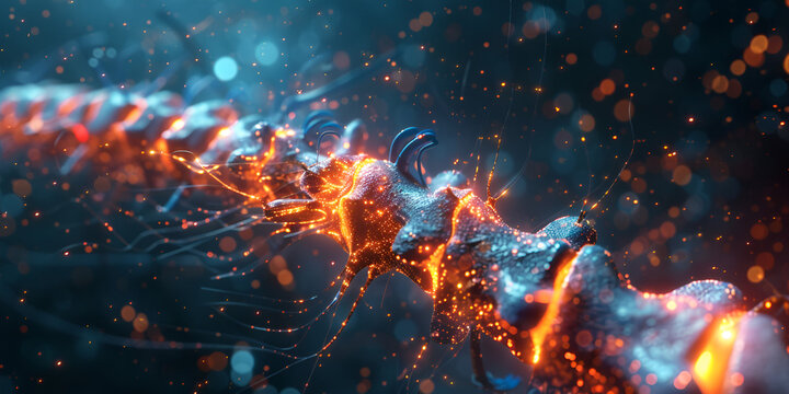 Glowing Orange Spinal Cord Neural Structure | Futuristic Backbone with Energy Sparks Macro | Sci-Fi Spinal Column Visualization