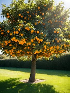 Majestic Orange Tree Laden with Sunlit Fruit in Tranquil Orchard