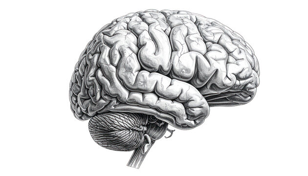Detailed grayscale anatomical rendering of a human brain from a lateral perspective