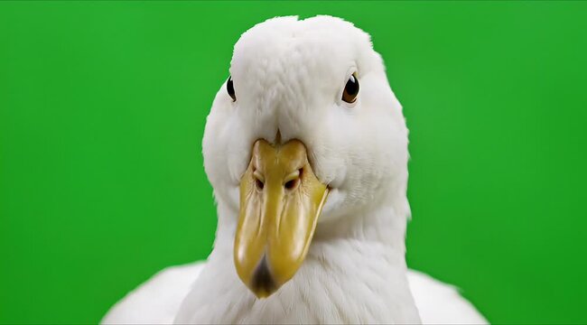 Close-up studio portrait of a white duck looking directly at the camera against a vibrant green background