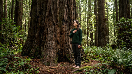 Obraz premium Woman Practicing Mindfulness and Forest Bathing in Ancient Redwood Forest, Nature Connection and Wellness Concept for Mental Health and Ecology