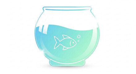 A teal colored fishbowl with a white fish swimming inside on a plain white background with soft lighting