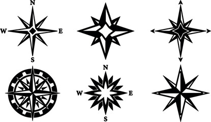 Obraz premium Minimalist nautical compass rose vector icon set six variations top view north arrows radial points flat black silhouettes isolated eps