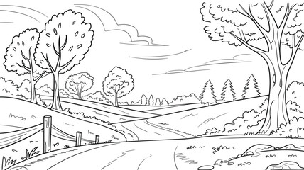 Obraz premium Black-and-white countryside landscape line drawing with winding road, rolling hills, trees, fence, and clouds, perfect for coloring pages, educational artwork, and rural scenic design