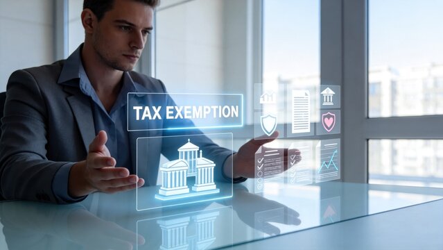 Businessman interacting with virtual tax exemption interface,financial technology concept with digital government building icon,online compliance documentation and corporate finance strategy
