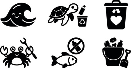 Flat design ocean pollution icons smiling wave turtle with bottle trash can heart crab fish banned bucket shovel cleaning minimalist