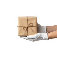 Hands in White Gloves Holding a Wrapped Gift Box