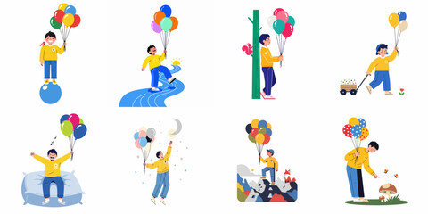 Fototapeta premium Boy's joyful adventures with colorful balloons across diverse landscapes and imaginative settings.