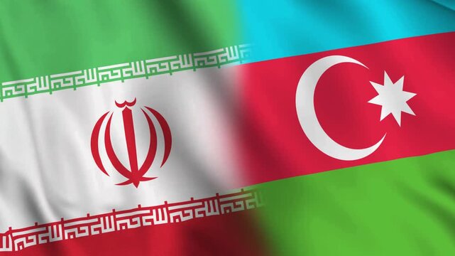 The diagonally aligned combined Iran and Azerbaijan flags are waving in the wind. Realistic slow motion loop animation. Symbolizing diplomacy, and regional ties between Iran and Azerbaijan.