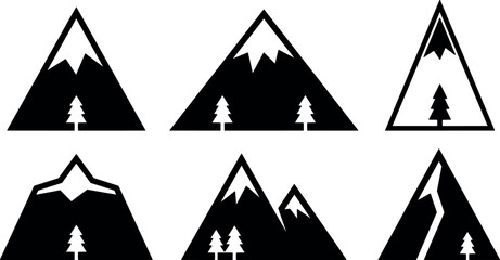 Obraz premium Flat design mountain icon set showing six simple snowy peak silhouettes with pine trees triangle badge and bold contrast monochrome