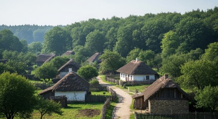 Quiet old rural village with empty dirt roads and simple countryside houses, symbolizing peace, simplicity, and nostalgic rural life