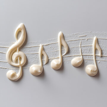 Tiny drops of cream are arranged like musical notes on a five-line staff