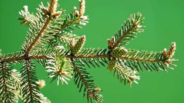 Closeup shot of a vibrant green pine tree branch with new growth and small cones against a solid green background highlighting natures delicate details and the start of spring.