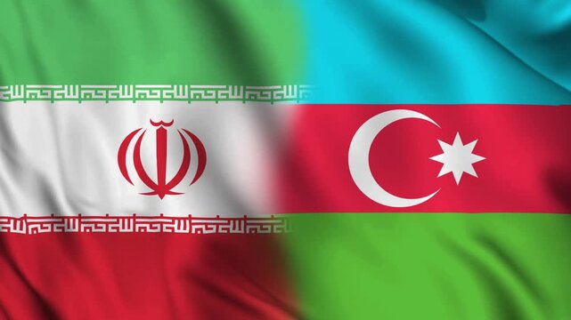 The horizontally aligned combined Iran and Azerbaijan flags are waving in the wind. Realistic slow motion loop animation. Symbolizing diplomacy and regional ties between Iran and Azerbaijan.