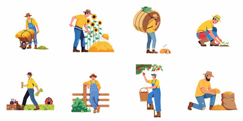 Fototapeta premium Illustrations of farmers performing various agricultural tasks, including hay harvesting, planting, fruit picking, and daily farm life activities.