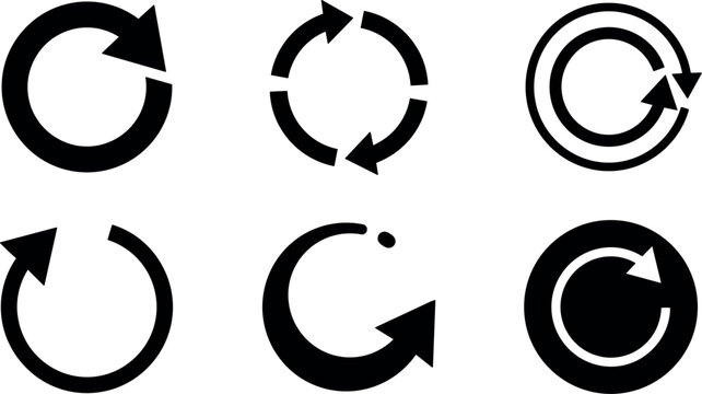 Flat design set of six circular refresh arrow icons black silhouettes close up isolated on white background minimal icon collection
