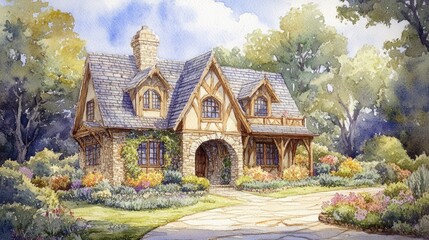 Fototapeta premium Charming Stone Cottage Watercolor Painting