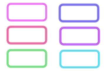 Colorful neon glowing rectangle frame set with rounded corners, isolated on png background. Vibrant light borders.