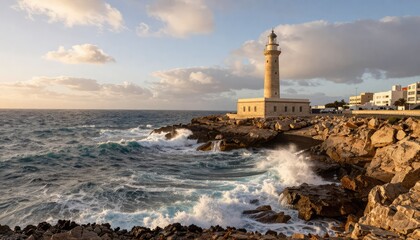 Dramatic lighthouse standing tall on rugged rocky coastline with crashing waves