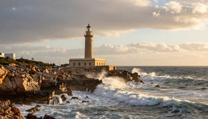 Dramatic lighthouse on rugged coastline with crashing waves at sunset