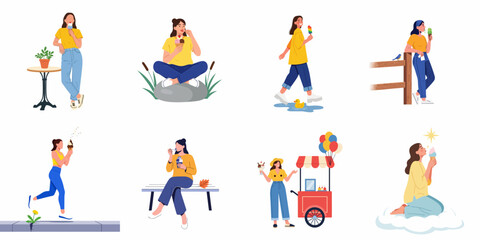 Fototapeta premium Collection of women enjoying various frozen desserts, illustrating summer joy, relaxation, and sweet moments in diverse settings.