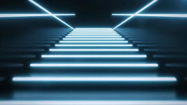 Abstract glowing blue neon staircase motion accelerating upward into dark digital void creating futuristic movement footage