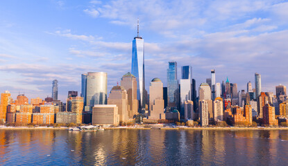 Obraz premium New York Manhattan aerial view in NYC. New York skyline panorama. New York City skyline with skyscrapers. Iconic skyscrapers of New York City.