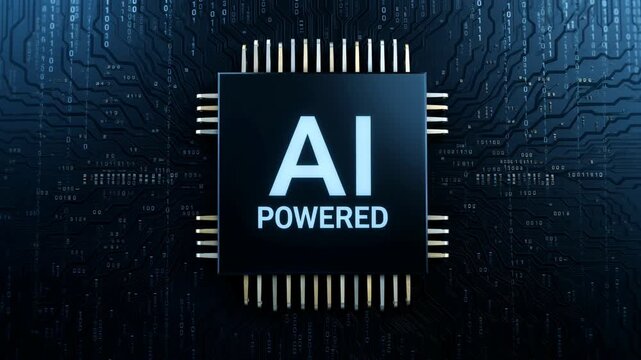 AI powered microchip with CPU on circuit board background