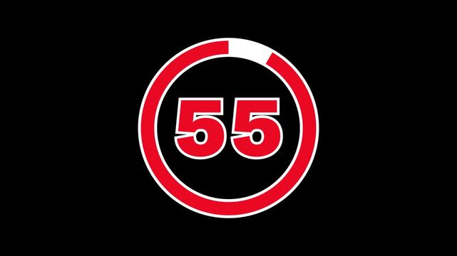 Bold outlined red 60-second (1 minute) countdown with white progress ring on black background. The progress ring decreases as seconds pass, with thick numbers indicating the time. 4K Motion Graphic