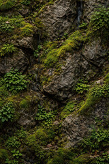 A lush green moss-covered rock face with small plants and water features.