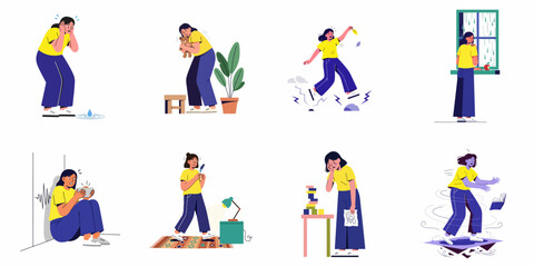 Fototapeta premium Illustrations depicting a woman experiencing various forms of stress, anxiety, and emotional distress, from everyday problems like leaks to overwhelming feelings and environmental concerns.