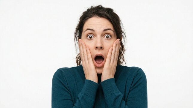 Surprised young woman holding face in hands, staring in shock with wide open mouth. Expressive portrait isolated on a white background