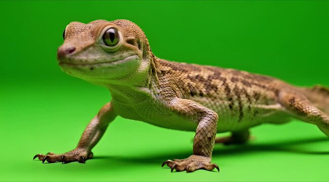 Close-up studio photography of an elegant little lizard with textured skin and captivating eyes, perfectly isolated on a bright green screen background.
