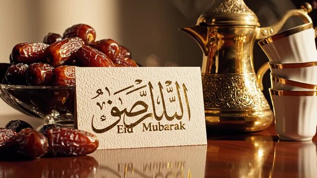 Eid Mubarak card, dates, traditional dallah, cups on wooden table