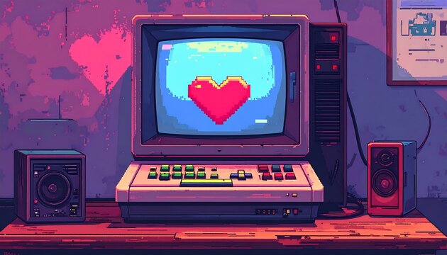 Pixelated artwork depicts retro computer displaying a heart, speakers, and a document