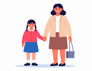 Obraz premium Charming illustration of a happy mother and her cheerful daughter holding hands, symbolizing their strong family bond, parental love, and shared journey through life