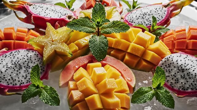 Assortment of fresh tropical fruits on ice with mint leaves