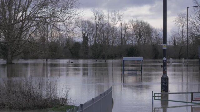 winter view of flooded park, submerged fence, lamp posts, gate and trees, late afternoon light
