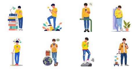 Fototapeta premium Young men engaged with smartphones in diverse daily activities, showcasing digital communication, learning, search, and connectivity in a modern lifestyle.