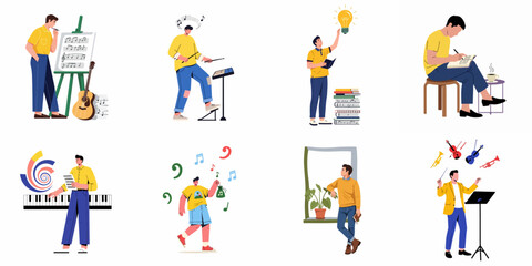 Fototapeta premium Creative Arts and Music Production Illustrations: People Composing, Playing Instruments, and Finding Inspiration in Flat Design Style.